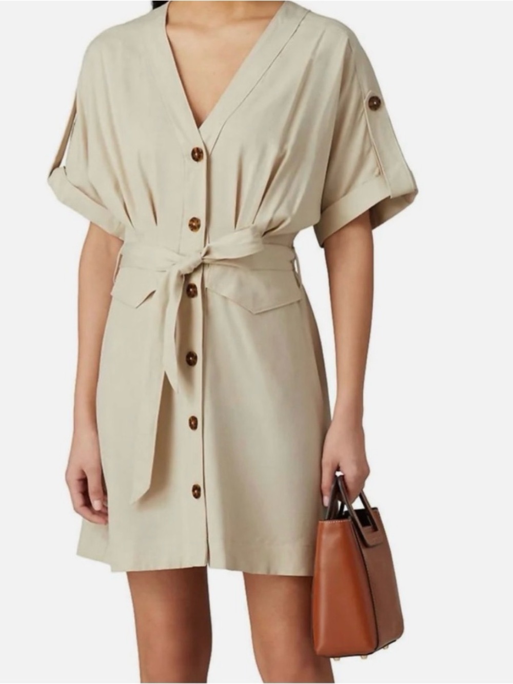 Scotch&Soda Belted V-Neck Mini Dress in Light Beige